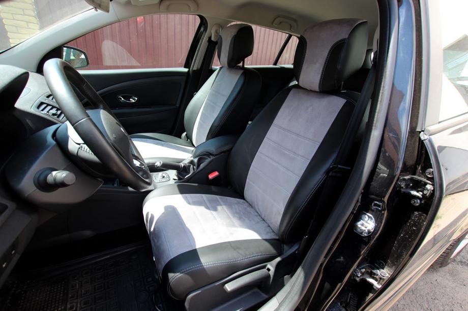 Renault Megane III 2009-2016 гг. Авточехлы Эко-кожа+Ткань+Алькантара Antara A0010 (Полный комплект) Фото 1
