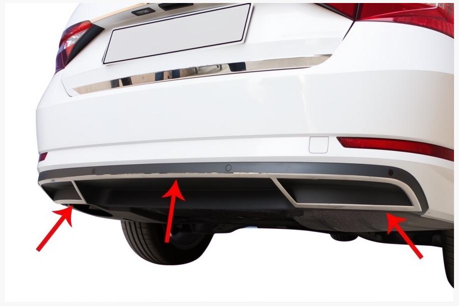 Skoda Superb 2015-2024 гг. Накладки на торец заднего бампера Carmos (3 шт, нержавейка) Image