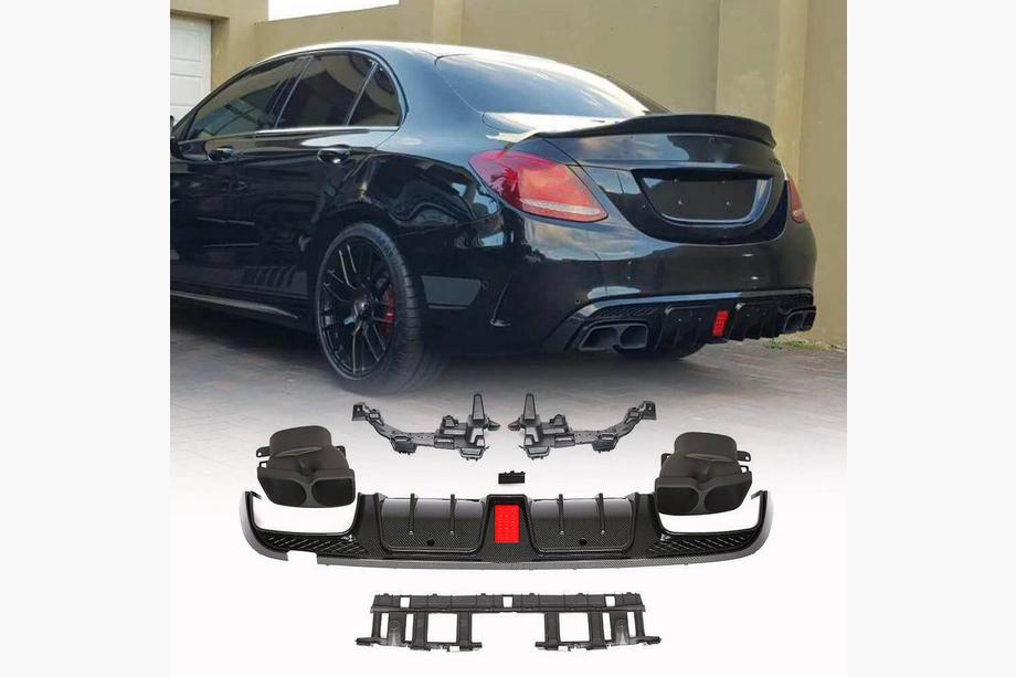 Mercedes C-class W205 2014-2021 гг. Диффузор заднего бампера с насадками выхлопа (для SD C43 AMG 2015-2019, Карбон) Фото 1