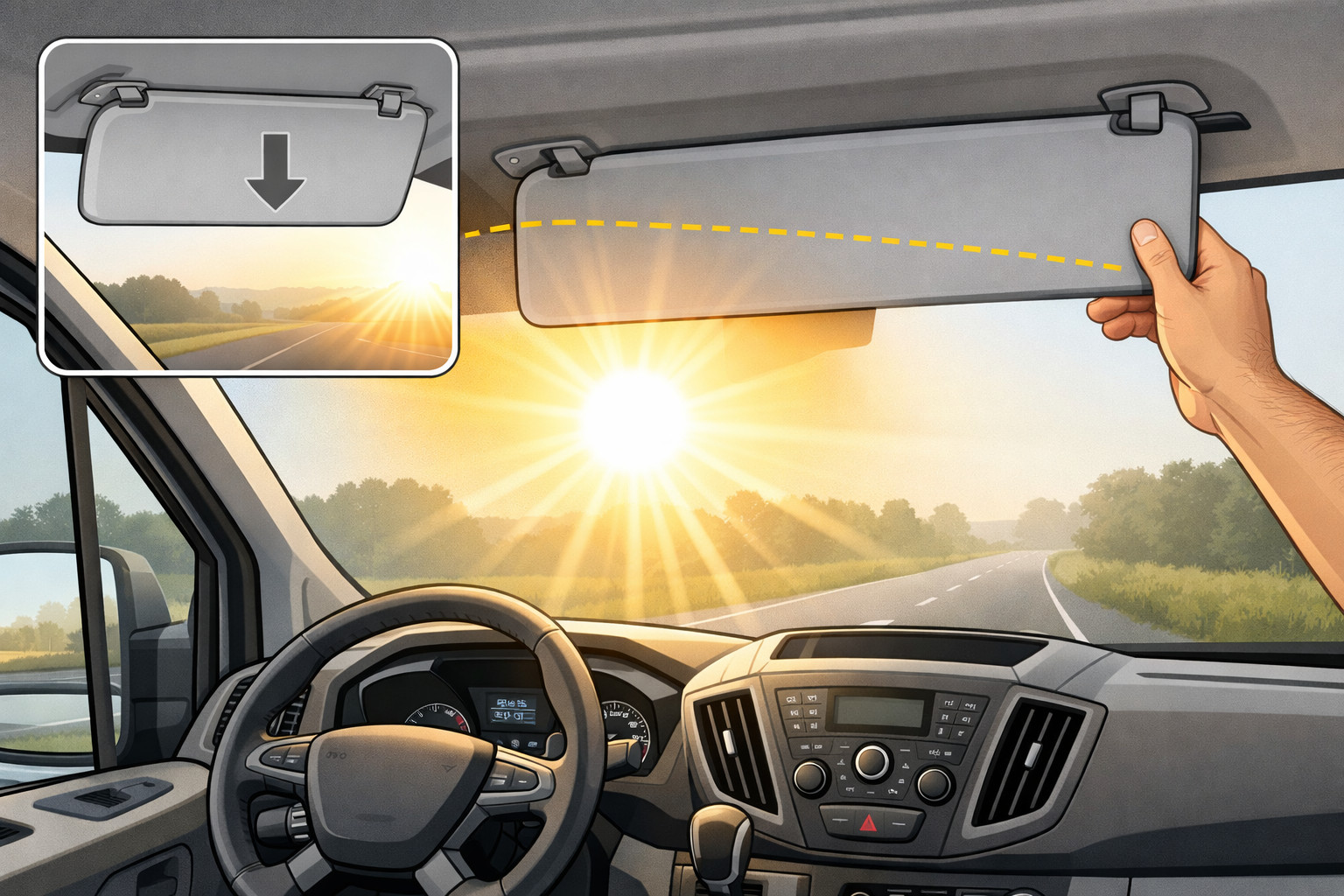 Как убрать слепящее солнце с лобового стекла Ford Transit утром