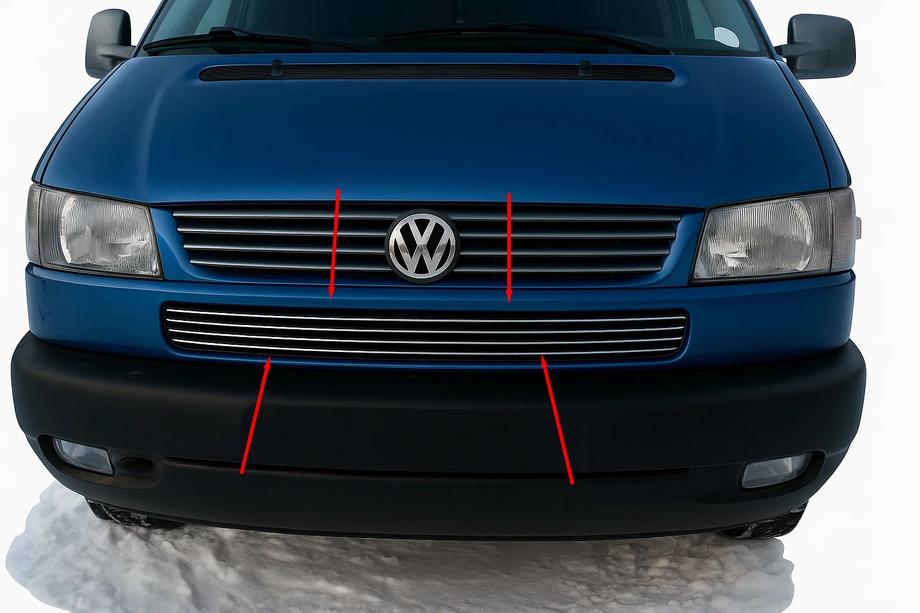 Volkswagen T4 Caravelle/Multivan 1990–2003 гг. Накладки на решетку бампера Косой капот (4 шт, нержавейка) Фото 1