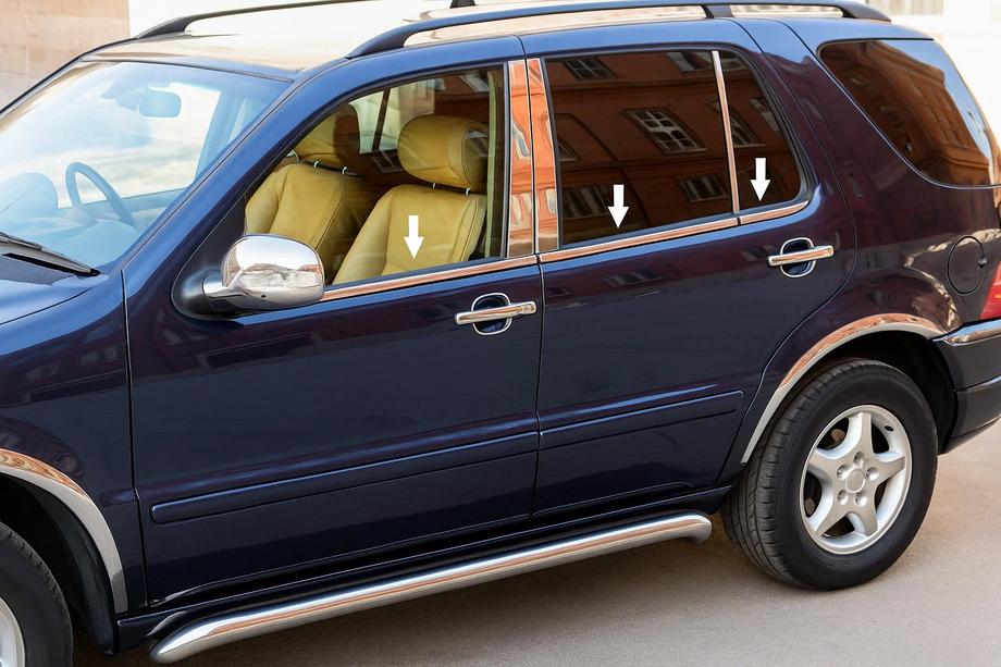 Mercedes ML W163 1997-2005 гг. Наружные молдинги окон нержавейка (6 шт) OmsaLine - Итальянская Нержавейка Image