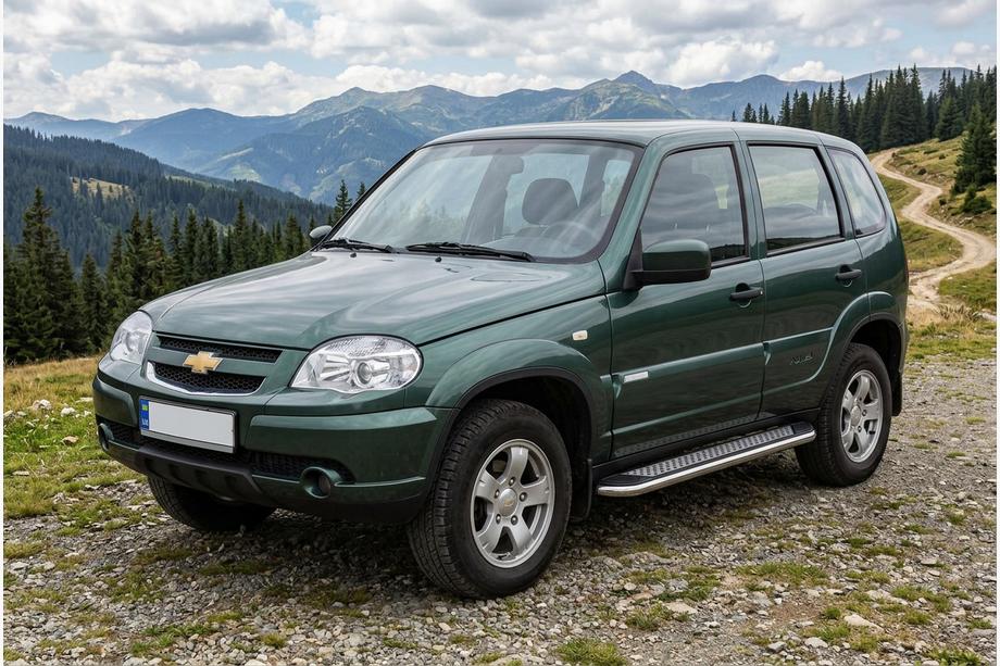 Chevrolet Niva 1998-2020 гг. Боковые Подножки Maydos V2 (2 шт., Алюминий и Нержавейка) Image