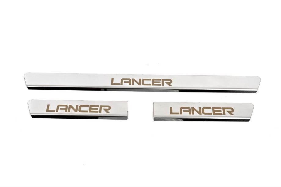 Mitsubishi Lancer 9 2004-2008 гг. РАСПРОДАЖА! Накладки на пороги Carmos (3 шт, нержавейка) Image