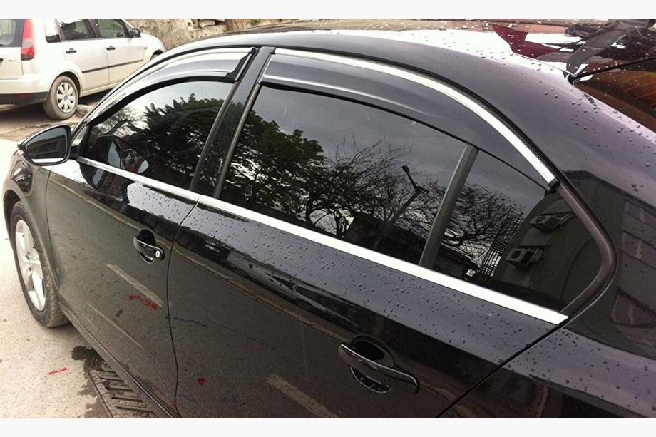 Volkswagen Jetta 2011-2018 гг. Ветровики с хромированным молдингом (4 шт., Sunplex Chrome) Image